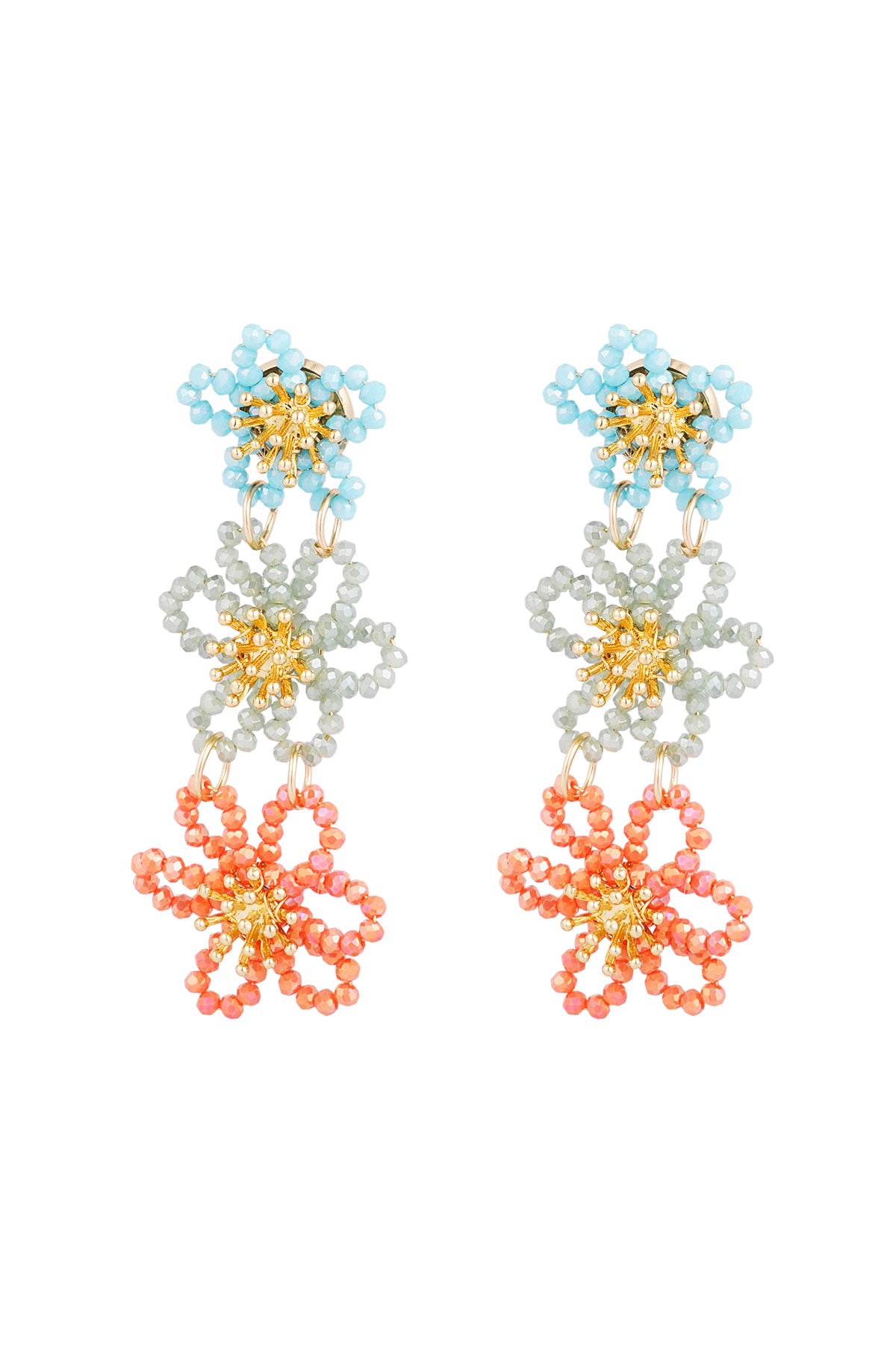 Front view of blue, nude beige and orange floral beaded dangle earrings