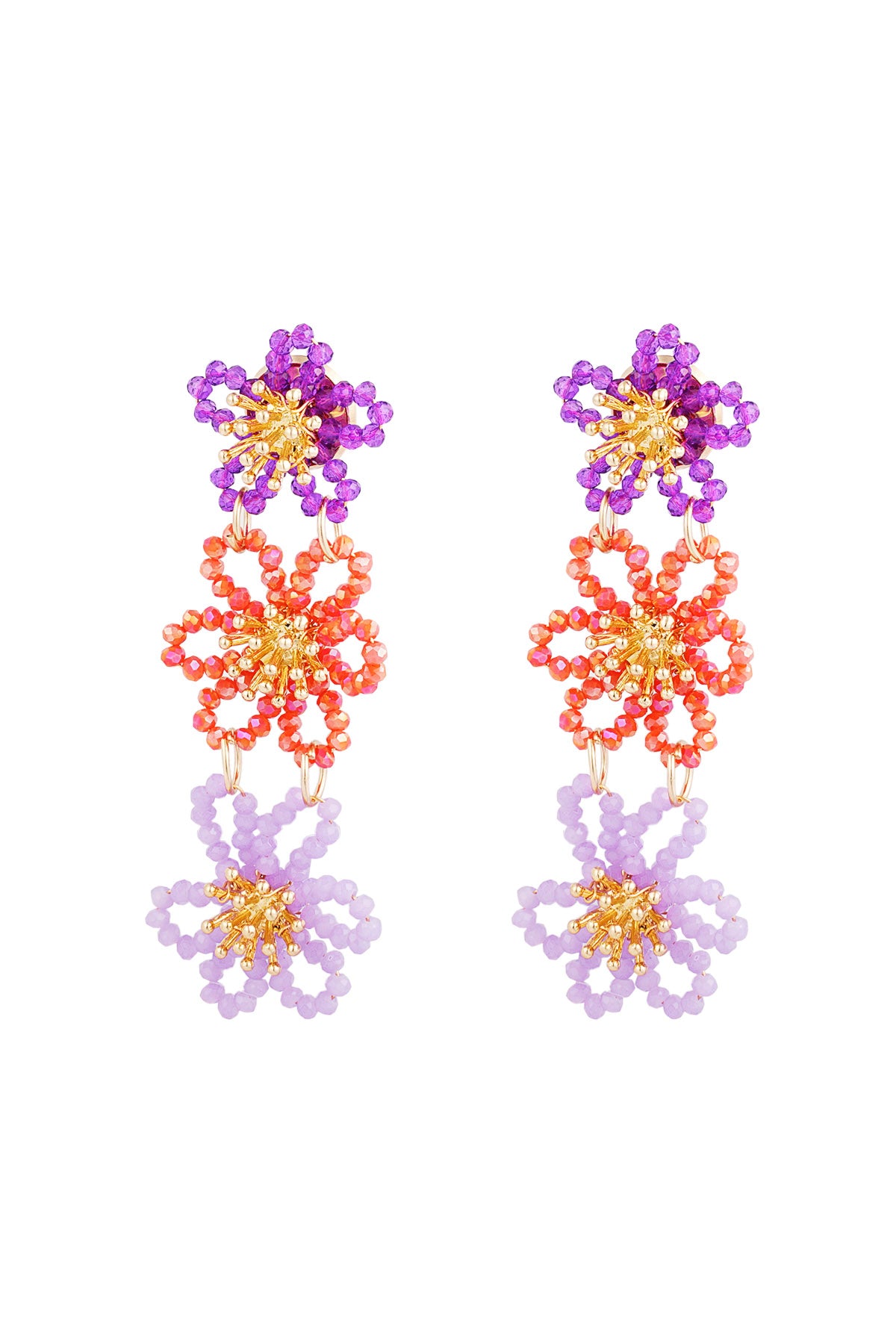 Front view of purple, orange and lavender floral beaded earrings with gold accents