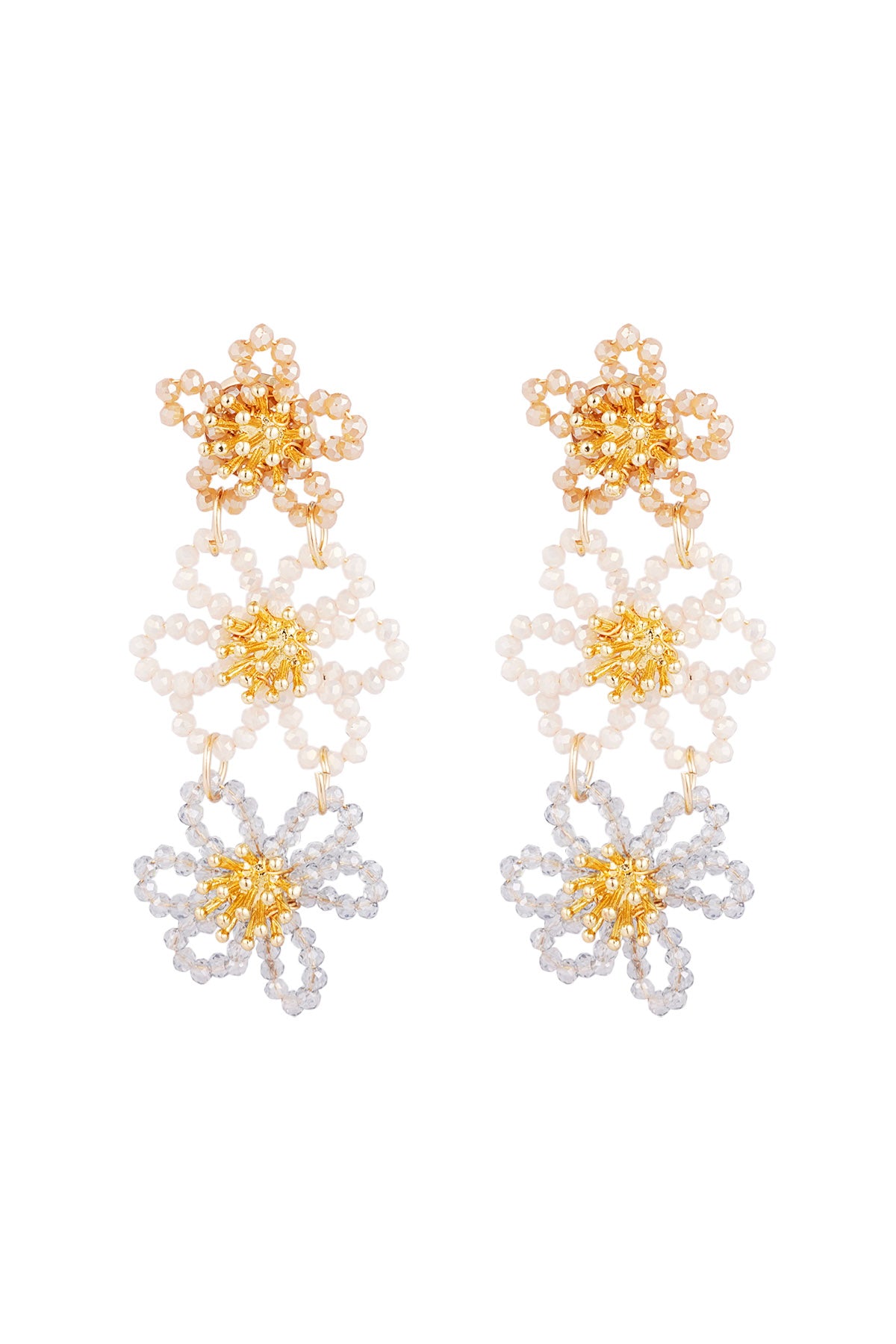 Front view of nude beige, white and silver floral beaded earrings