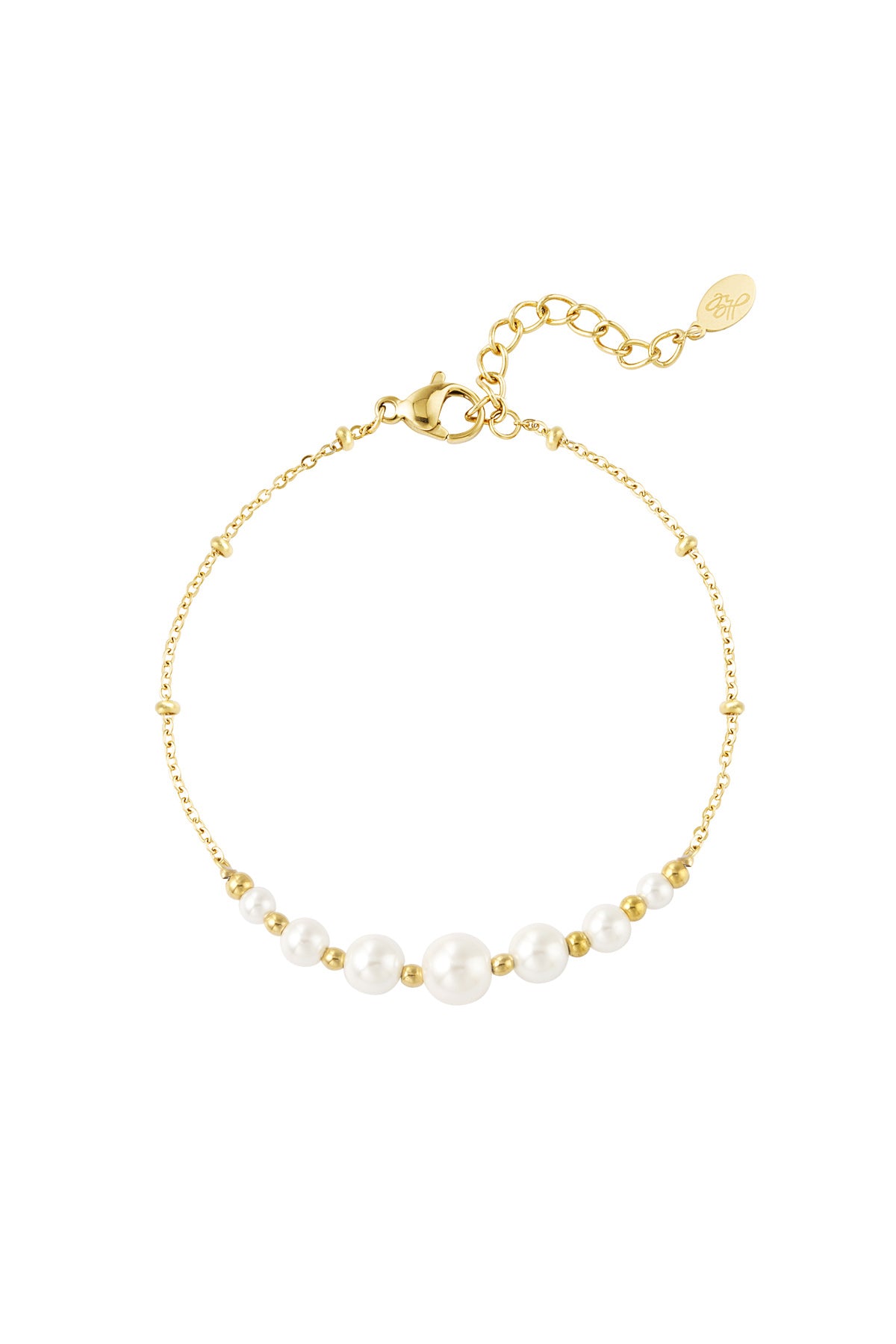 Close-up of a delicate gold chain bracelet with white pearl beads and small gold beads on a white background
