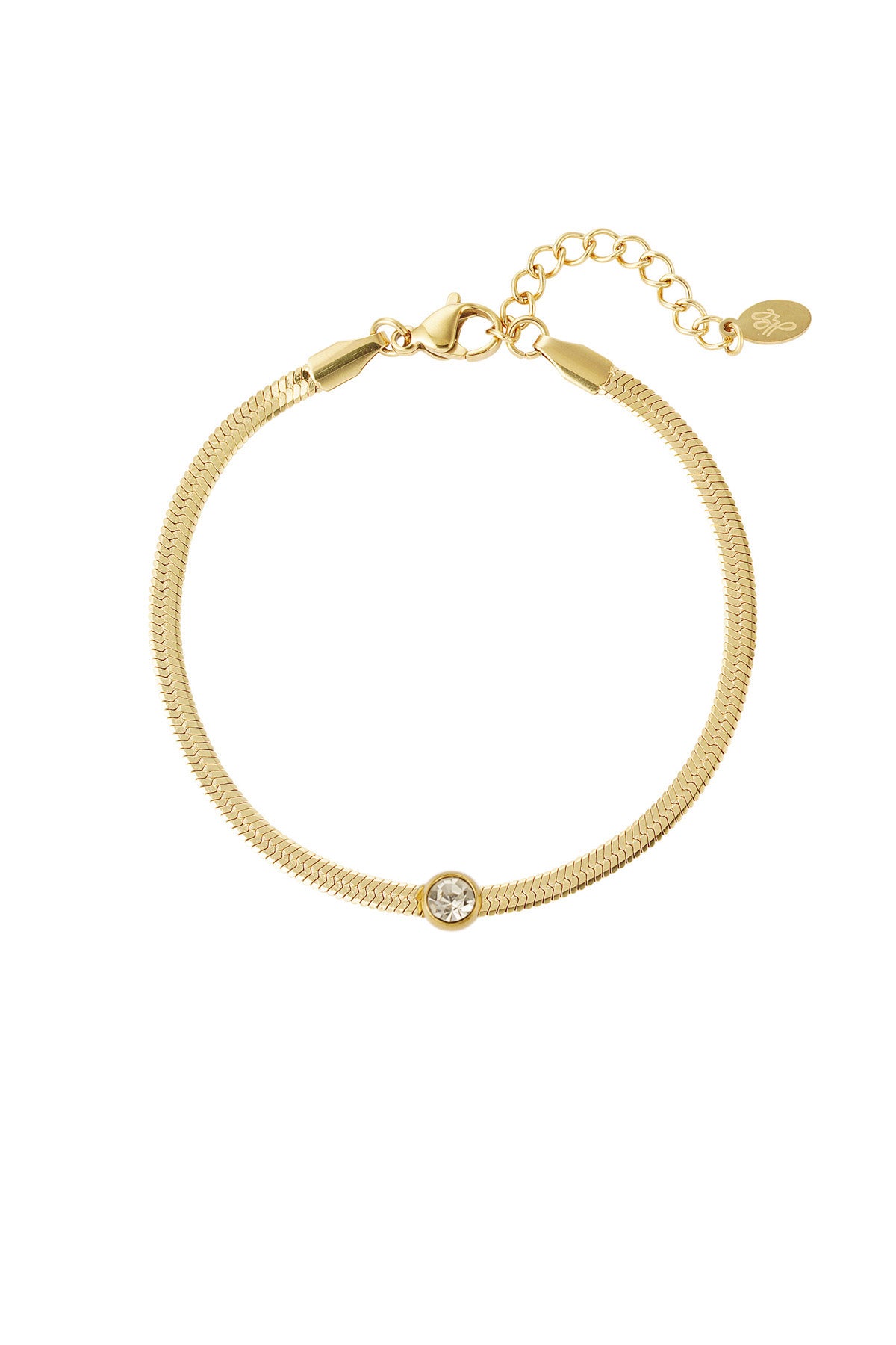 Close-up on a gold herringbone chain bracelet with a single clear crystal centerpiece and an adjustable clasp on white background