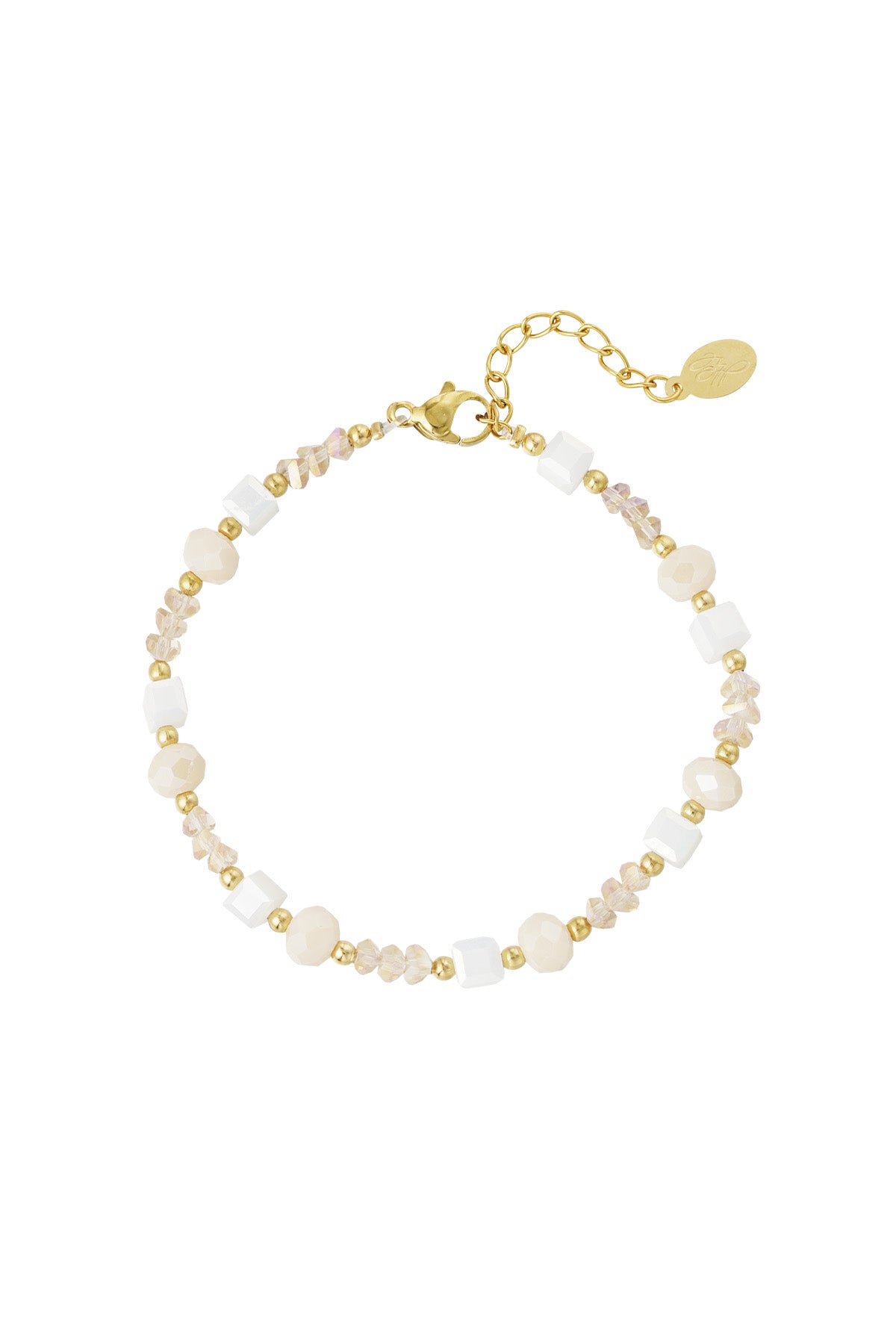 Delicate bracelet with white and beige glass beads and gold accents shown on a white background