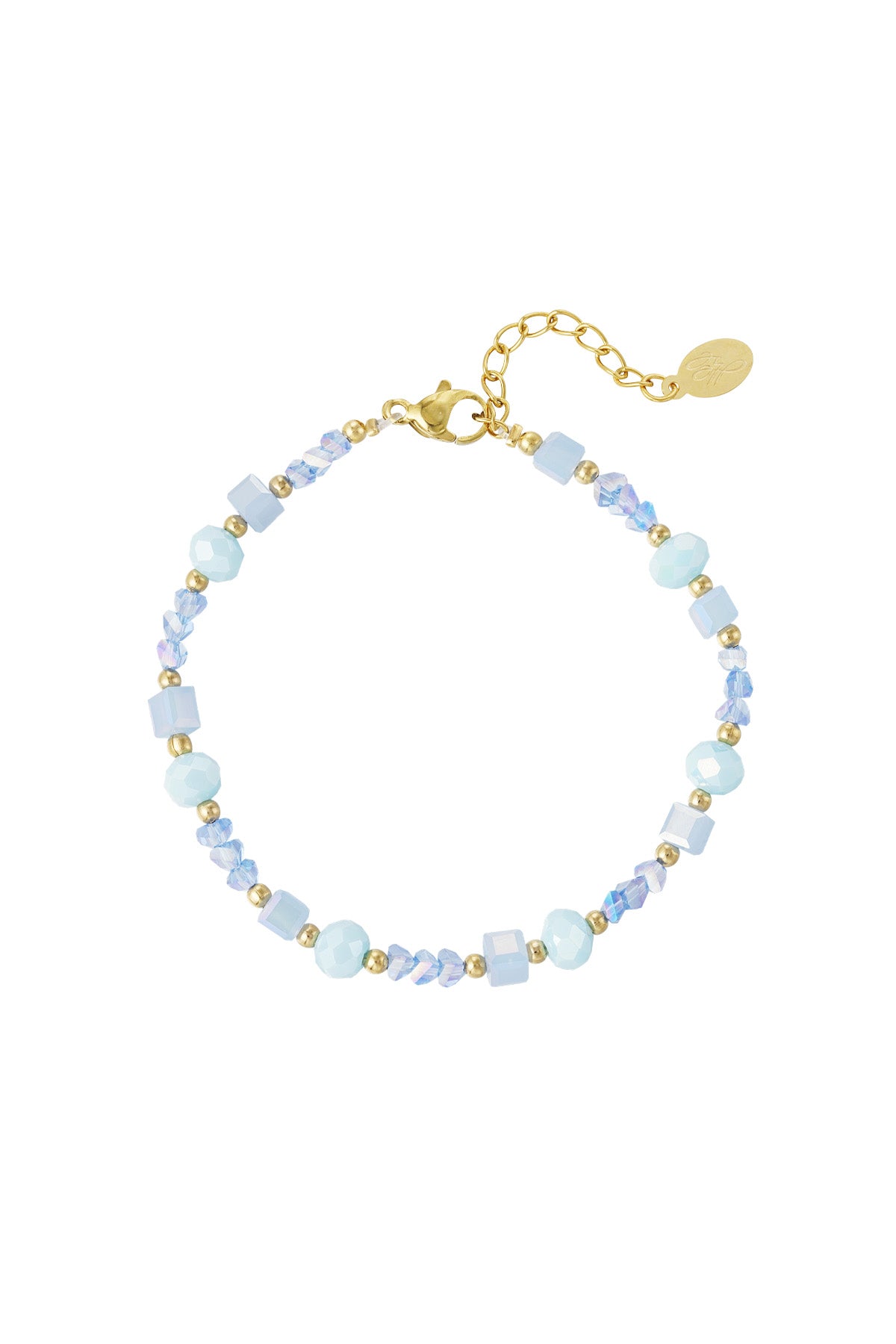 Beaded bracelet featuring pastel blues and lavender glass beads with gold accents isolated on a white background