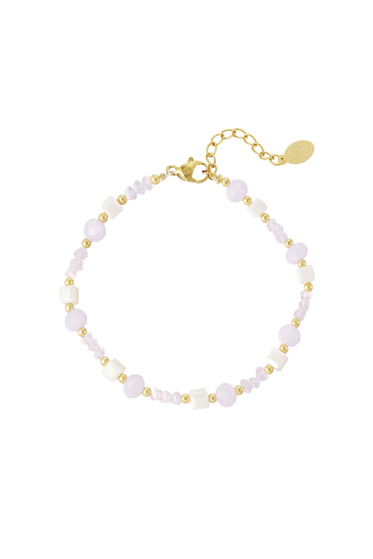 Pastel lavender and white beaded bracelet with gold accents displayed on a white background