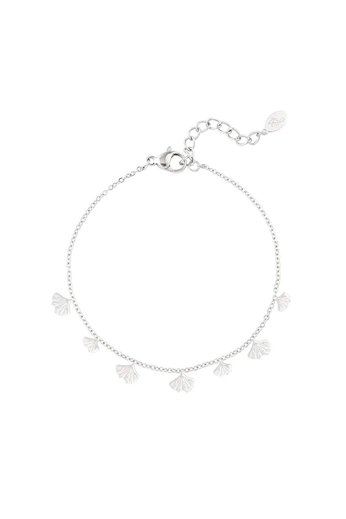 Silver charm bracelet featuring delicate ginkgo leaf charms on a fine chain with lobster clasp