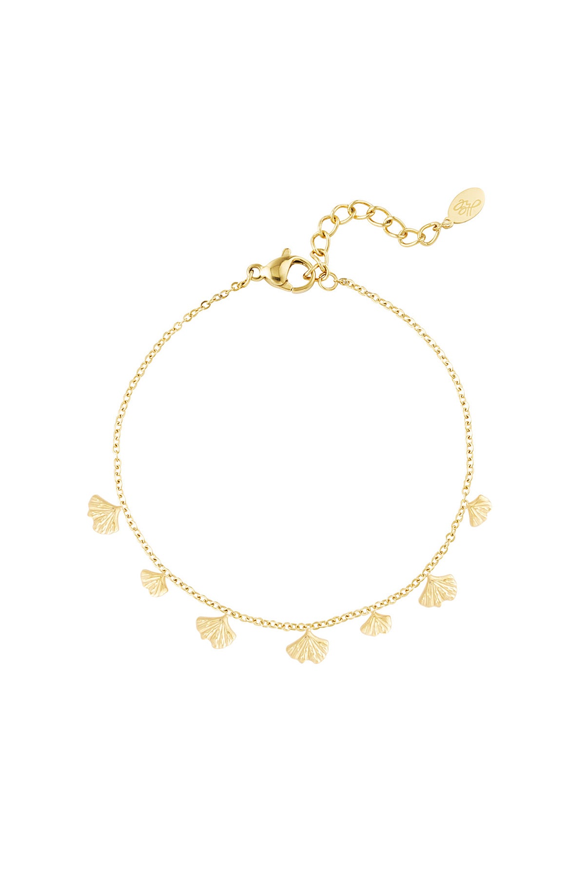 Gold charm bracelet featuring delicate ginkgo leaf charms on a fine chain with lobster clasp