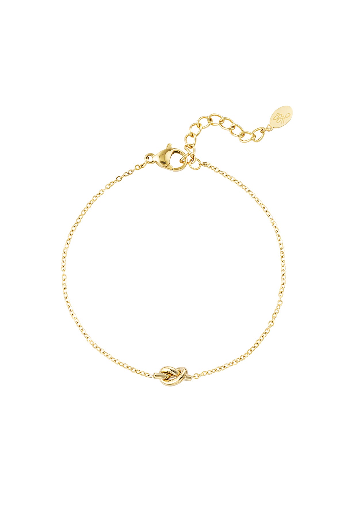 Minimalist delicate gold bracelet with a central knot charm and adjustable chain on a white background