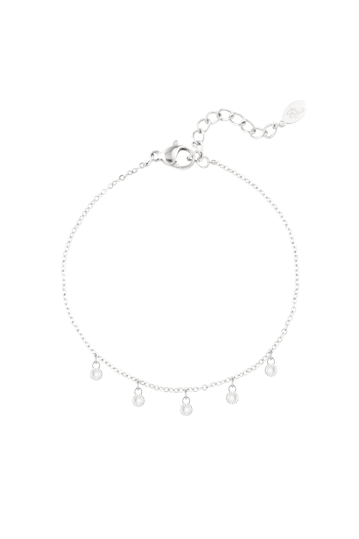 Silver disc charm bracelet with five small round sunburst-etched pendants on delicate chain with lobster clasp