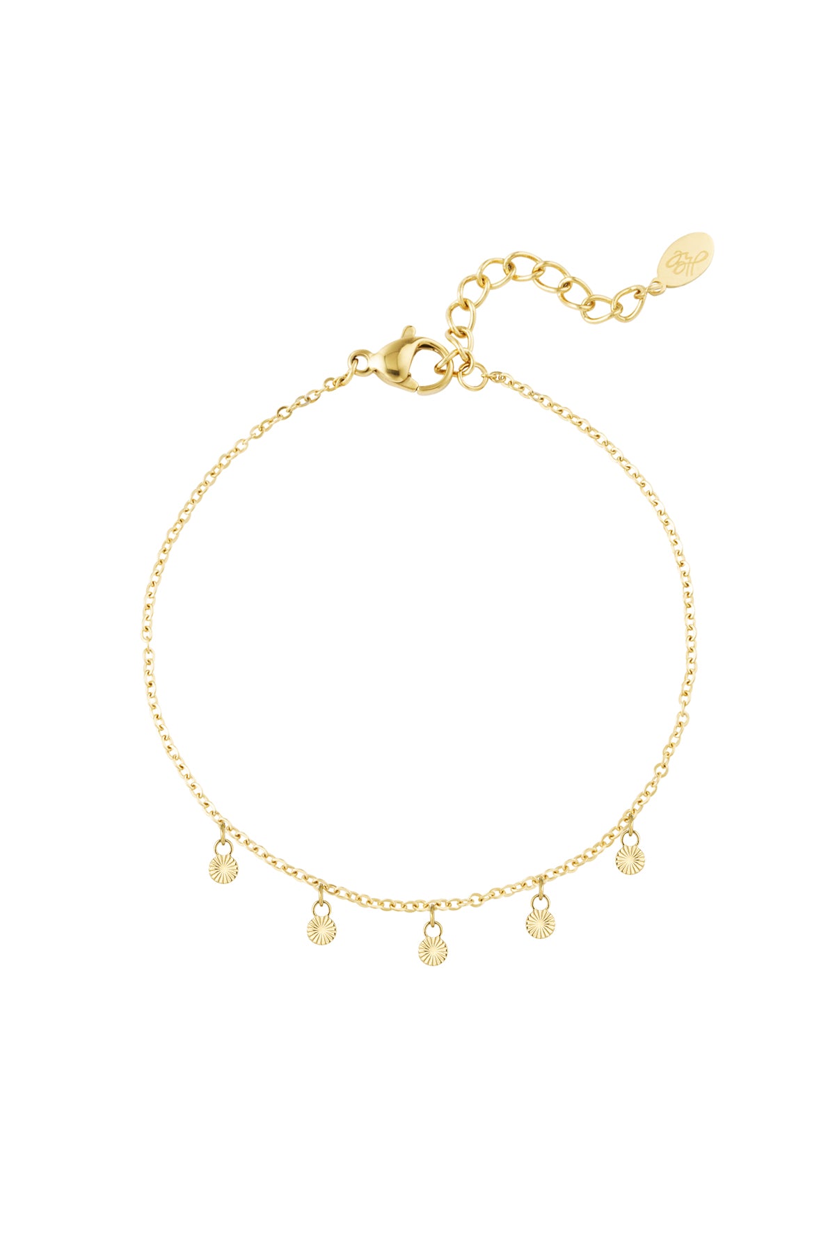 Gold disc charm bracelet with five small round sunburst-etched pendants on delicate chain with lobster clasp