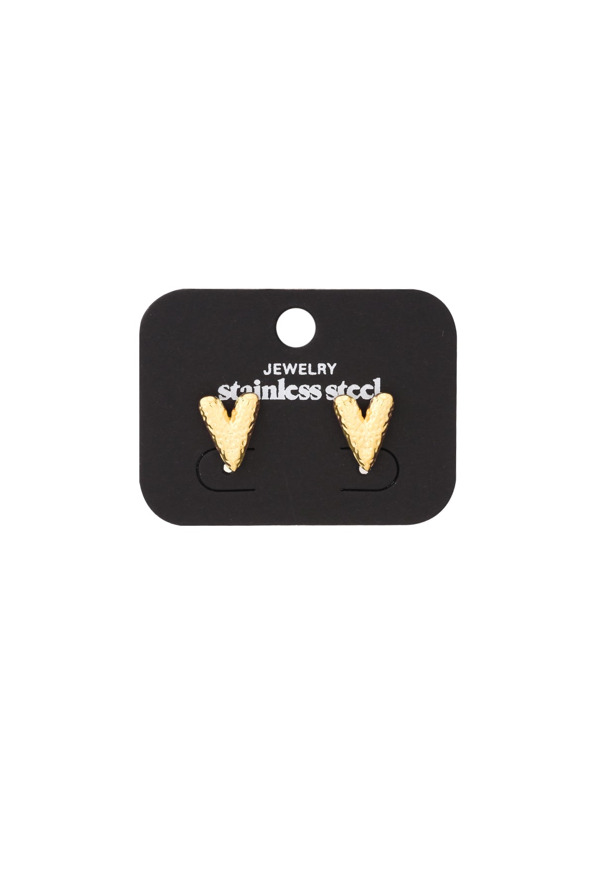 Gold textured heart-shaped stud earrings mounted on black display card labeled stainless steel jewelry