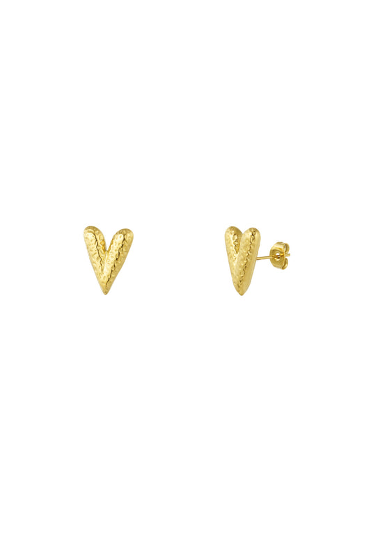 Pair of gold textured heart-shaped stud earrings with hammer finish displayed on white background