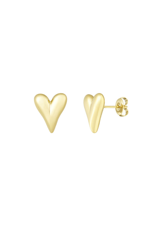 Pair of gold polished heart-shaped stud earrings with butterfly backs on white background