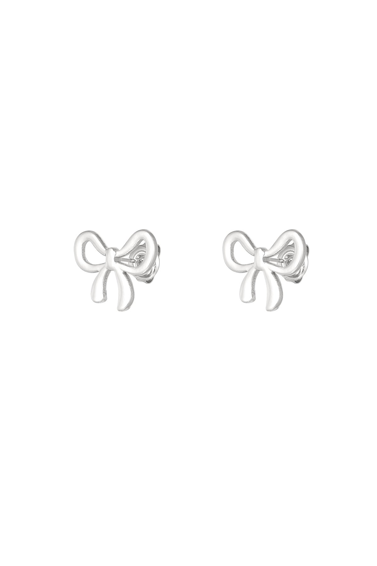 Silver stainless steel bowknot stud earrings on white background