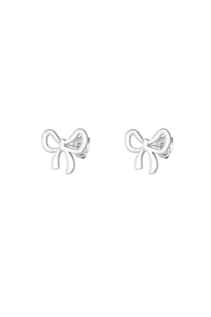 Silver stainless steel bowknot stud earrings on white background