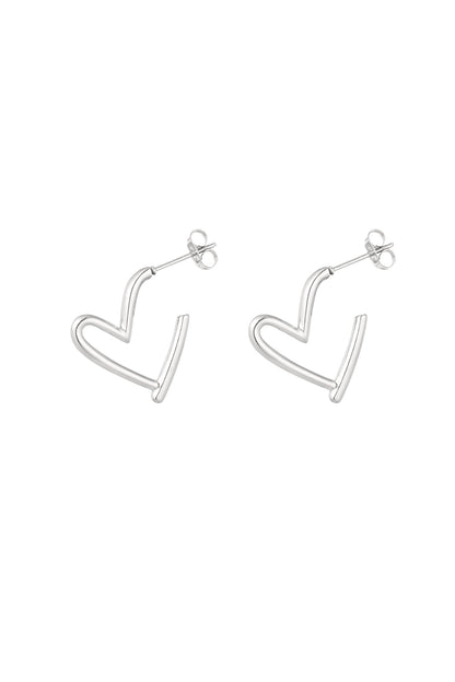 Pair of silver-tone heart-shaped open hoop earrings with post back