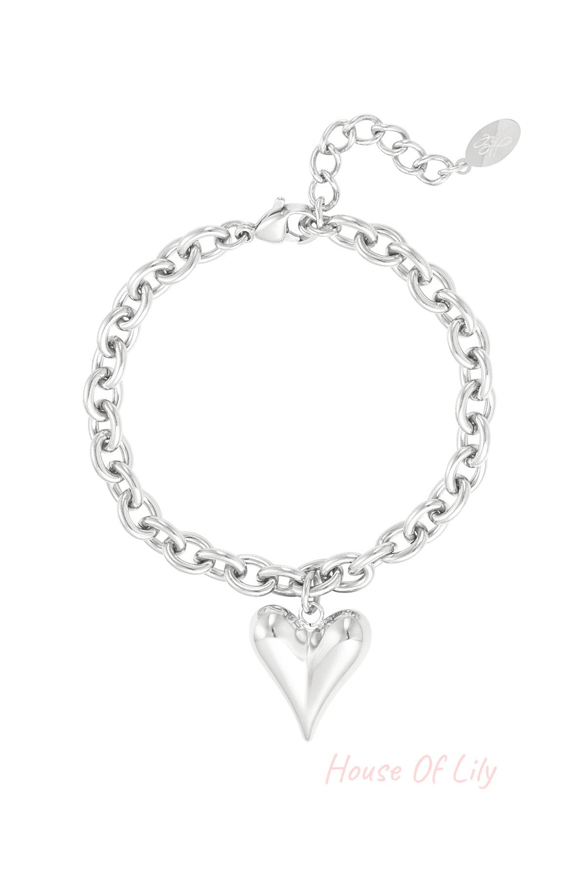 Silver chunky chain bracelet with polished heart charm and adjustable clasp on white background