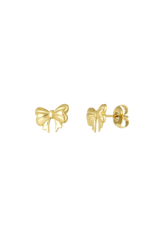 Close-up product image of gold bow-shaped stud earrings showing front and back butterfly clasp