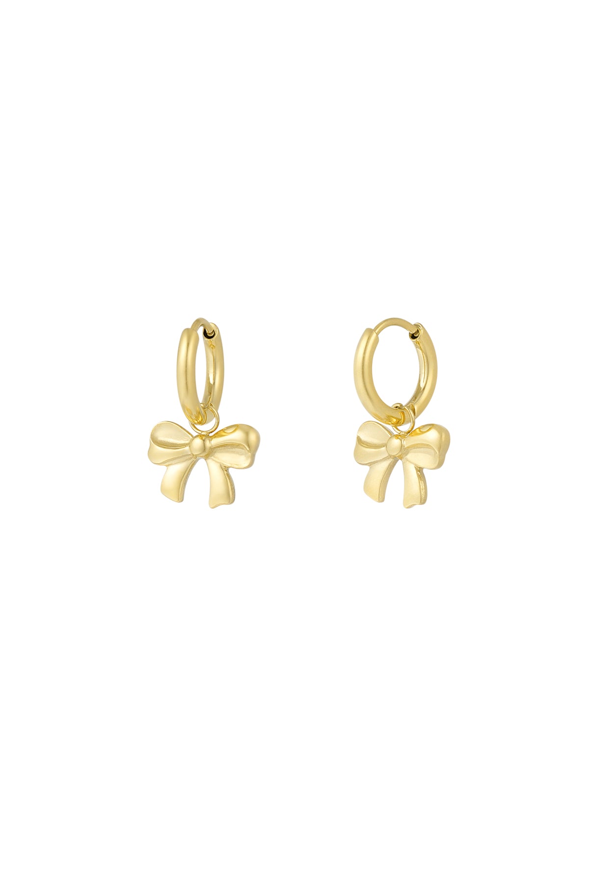 Pair of small gold hoop earrings each featuring a shiny bow-shaped charm hanging elegantly.