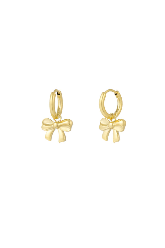 Pair of small gold hoop earrings each featuring a shiny bow-shaped charm hanging elegantly.