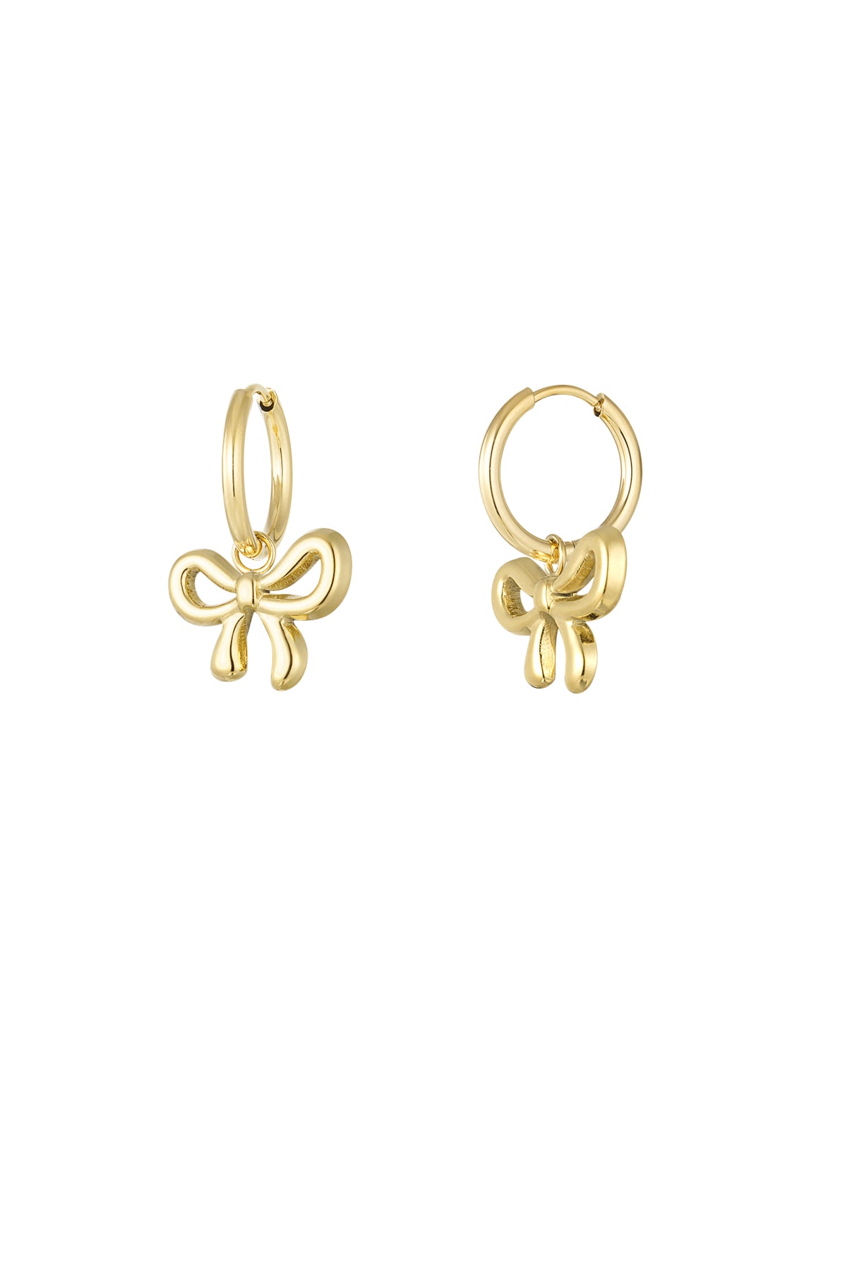 Pair of gold bow hoop earrings with smooth polished finish