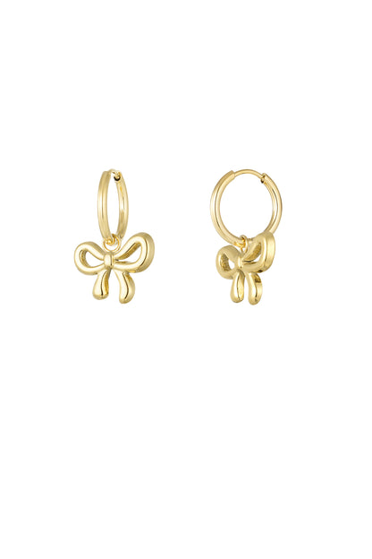 Pair of gold bow hoop earrings with smooth polished finish