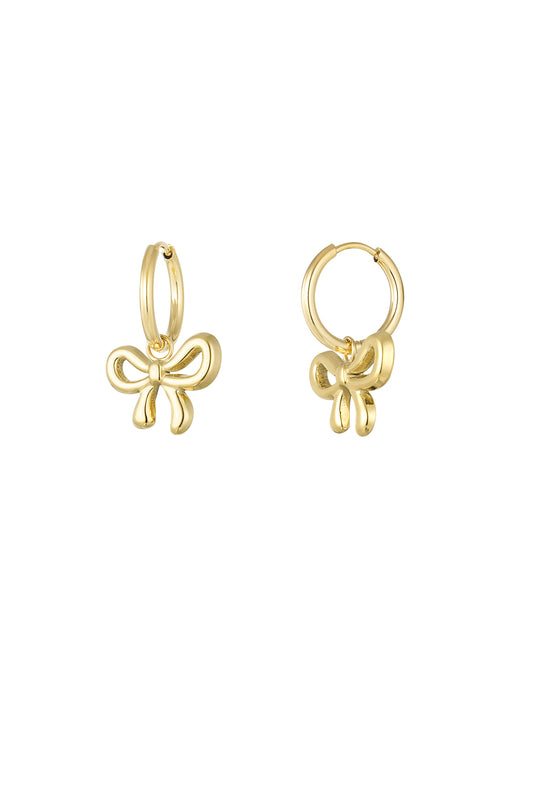Pair of gold bow hoop earrings with smooth polished finish