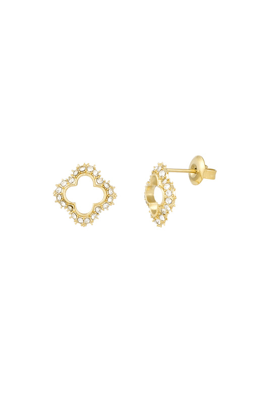 Gold-tone open clover stud earrings with clear rhinestone border on white background