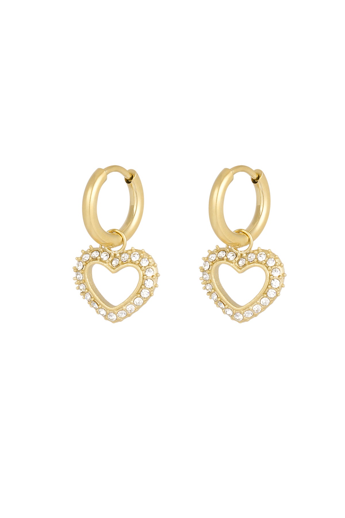 Gold-tone heart-shaped rhinestone drop earrings with smooth hoop closure on white background
