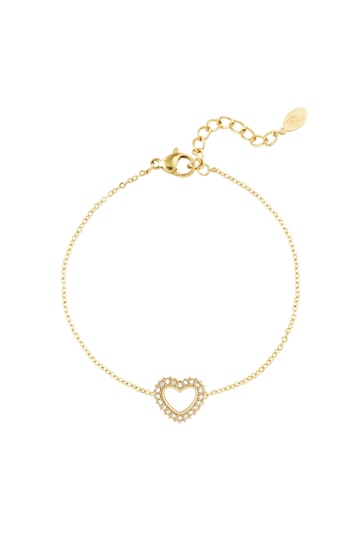 Gold-tone delicate heart charm bracelet with rhinestones and adjustable chain on a white background