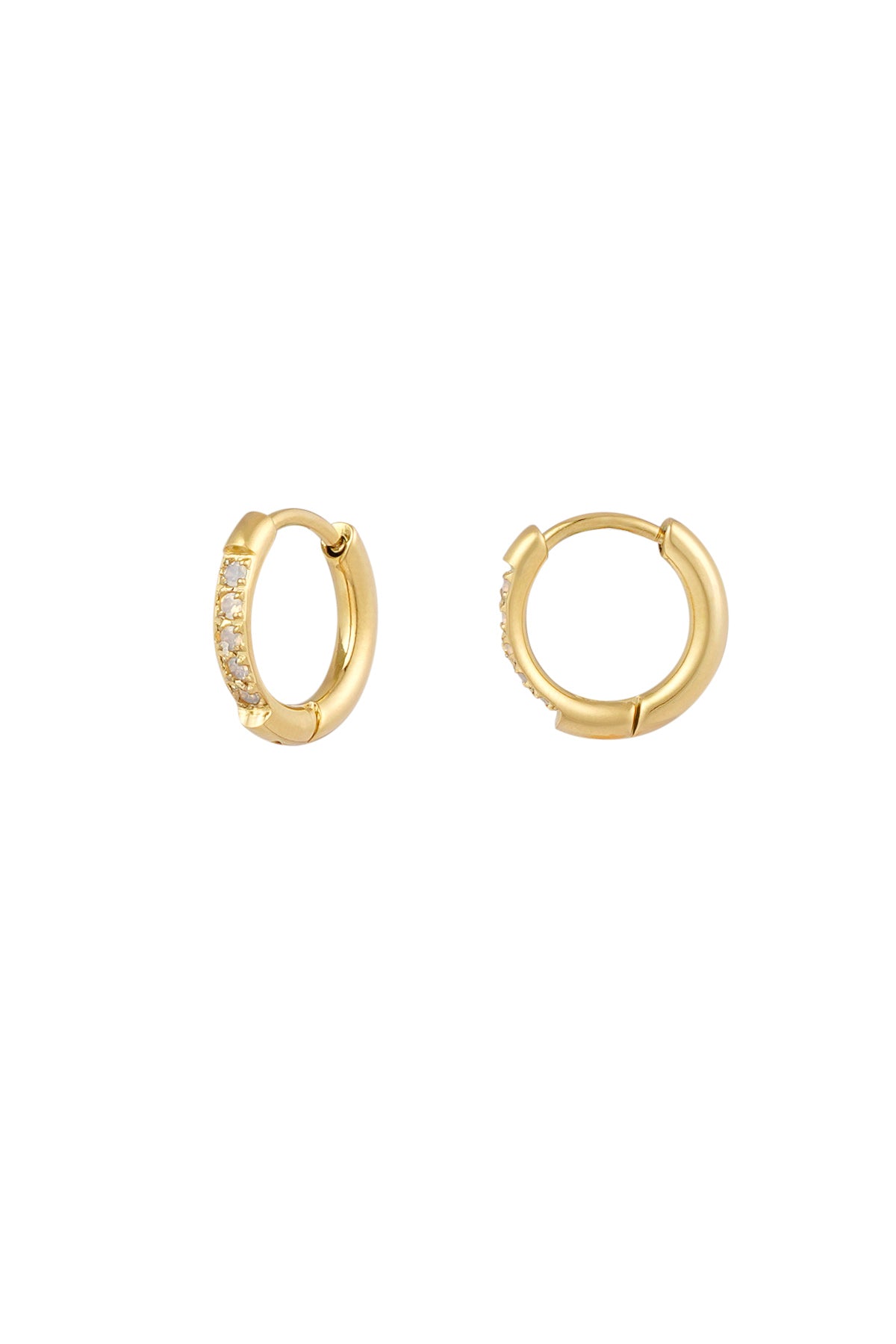 Golden Glow Mood Hoops: Small, gold-toned huggie hoop earrings featuring a dainty row of embedded clear crystals.