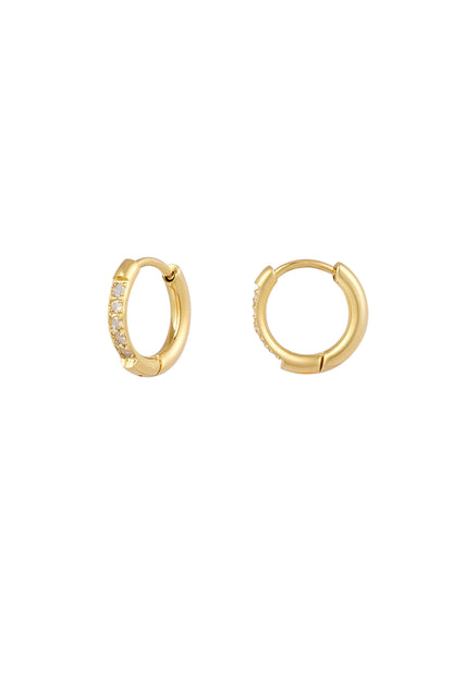 Golden Glow Mood Hoops: Small, gold-toned huggie hoop earrings featuring a dainty row of embedded clear crystals.