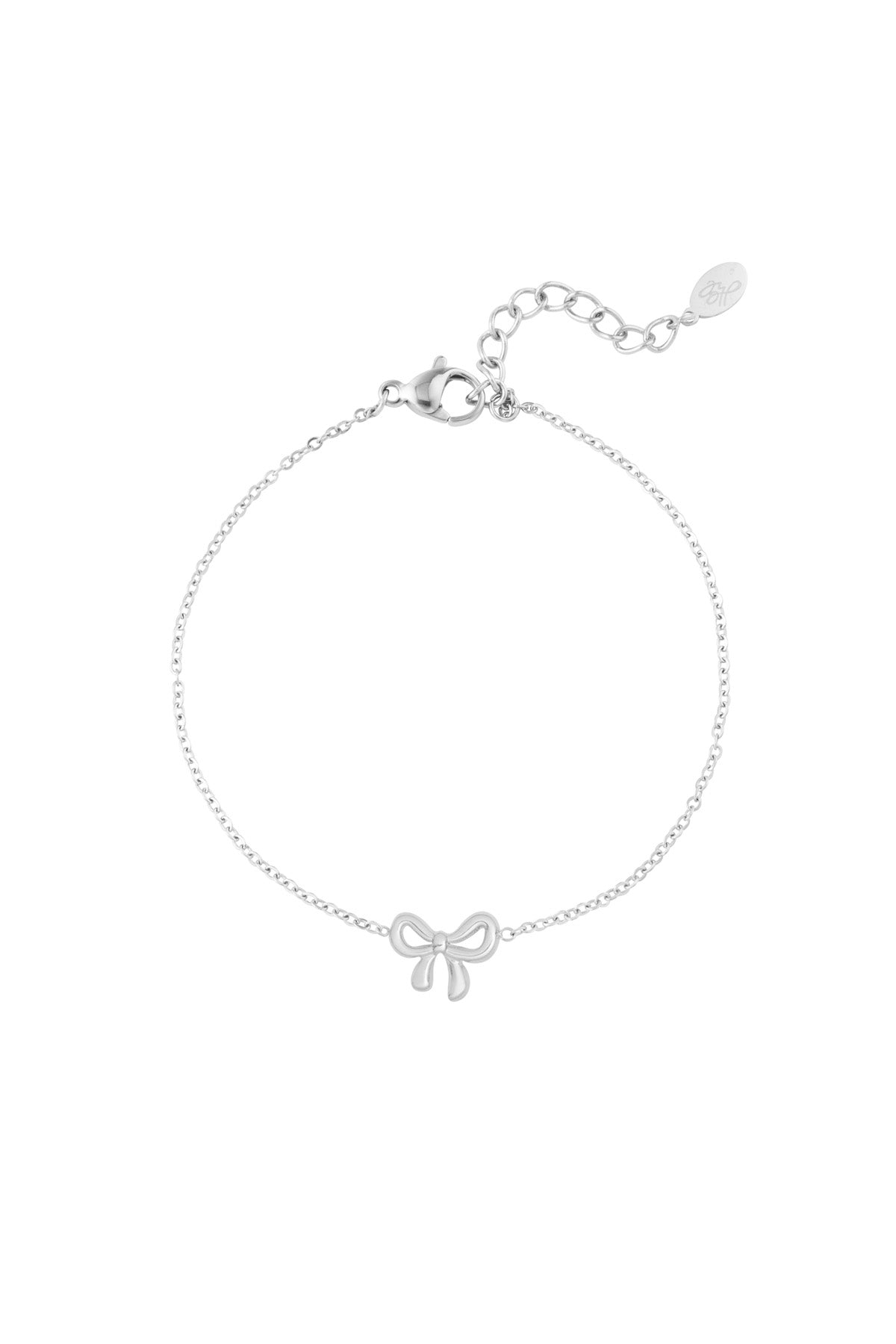 Silver bow charm bracelet with delicate chain and lobster clasp on white background