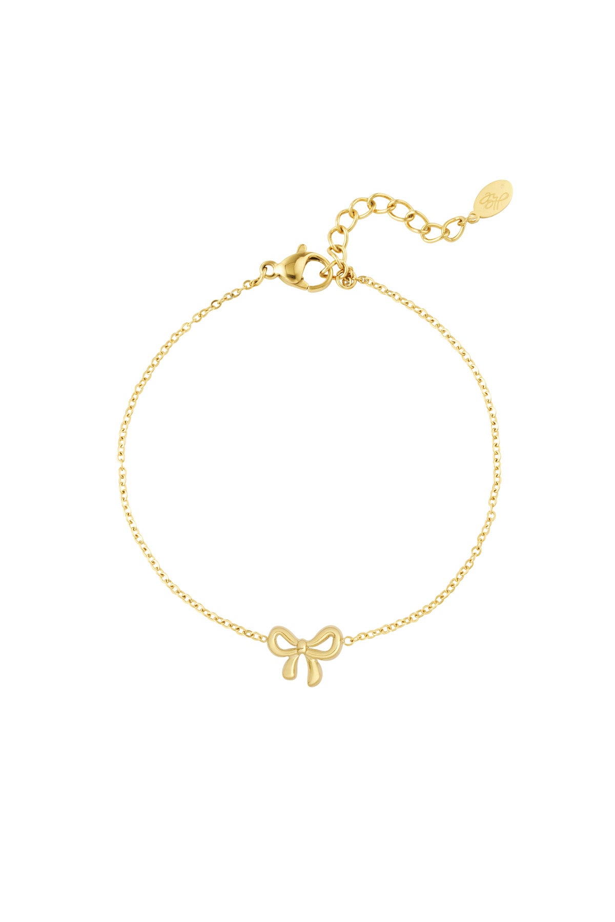 Gold bow charm bracelet with delicate chain and lobster clasp on white background