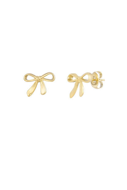 Close-up of gold bow shaped stud earrings with butterfly backs on white background