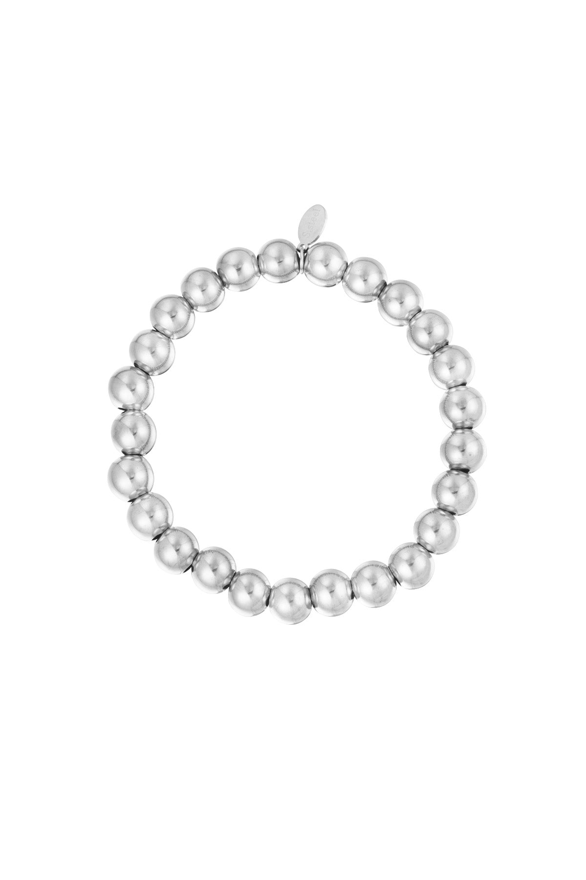 Silver beaded bracelet with polished round beads arranged in a circle with a small tag against white background