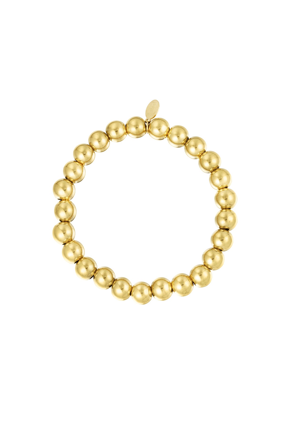 Gold beaded bracelet with polished round beads arranged in a circle with a small tag against white background
