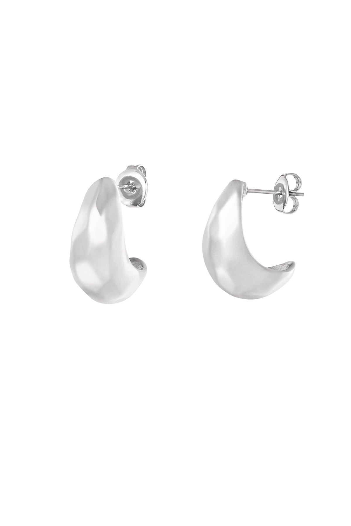 Silver organic pebble-shaped stud hoop earrings shown against white background