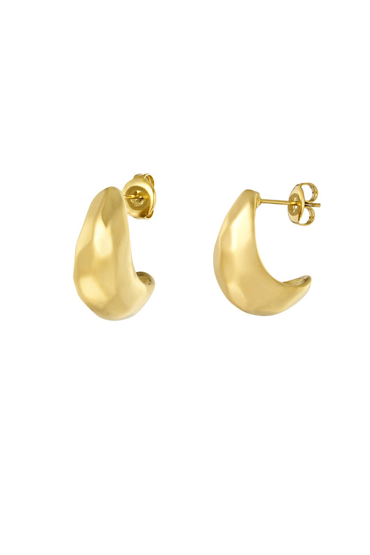 Gold organic pebble-shaped stud hoop earrings against white background
