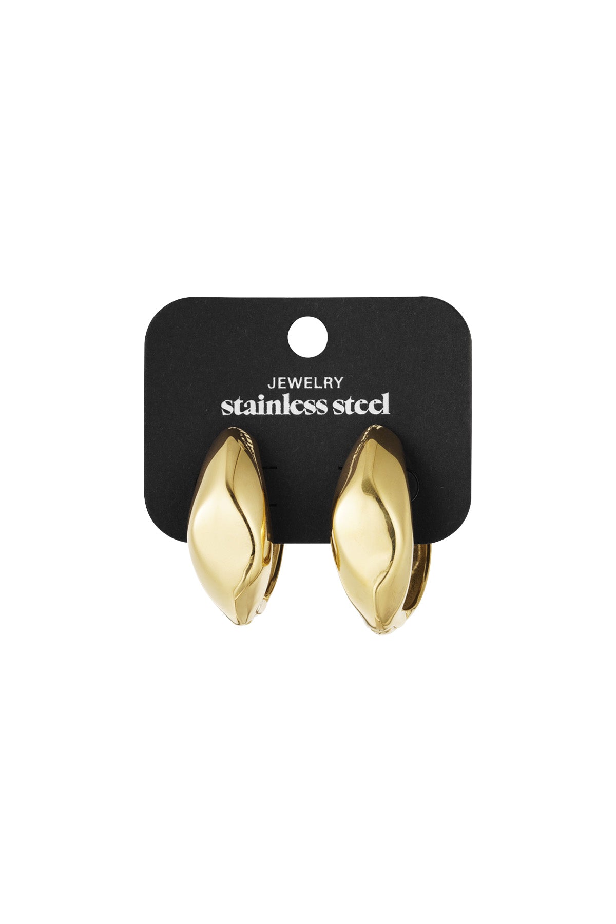 Pair of gold twist hoop earrings displayed on black jewelry card labeled stainless steel.
