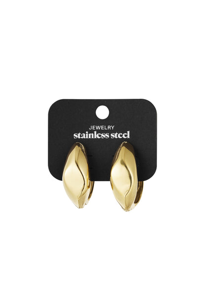 Pair of gold twist hoop earrings displayed on black jewelry card labeled stainless steel.
