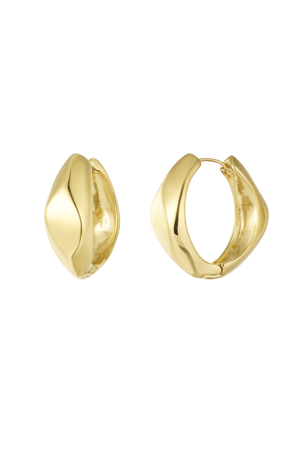 Front view of gold polished twist hoop earrings with sculptural, soft curves on white background.