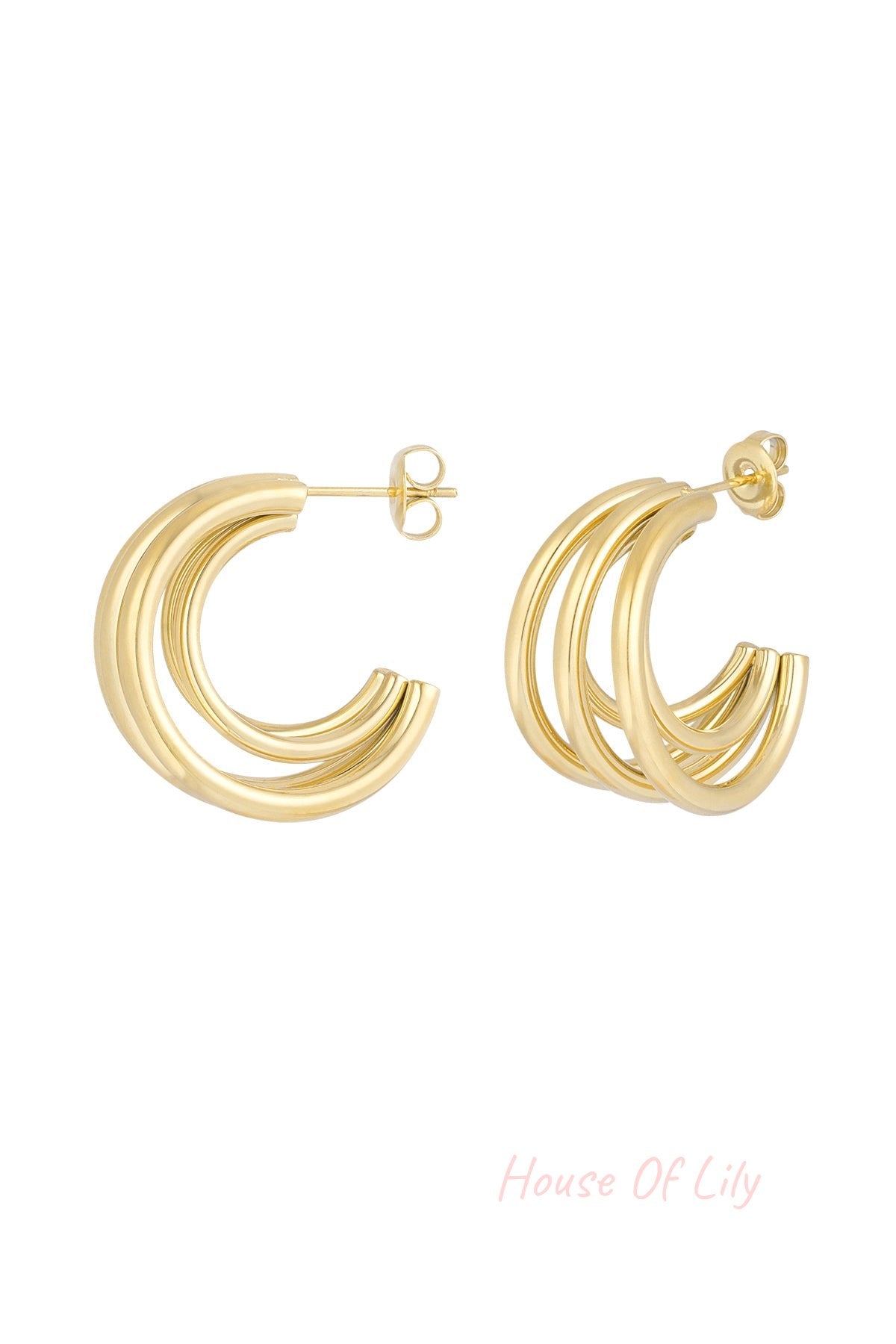 Triple loop hoop earrings in polished gold tone with post and butterfly clasp isolated on white background