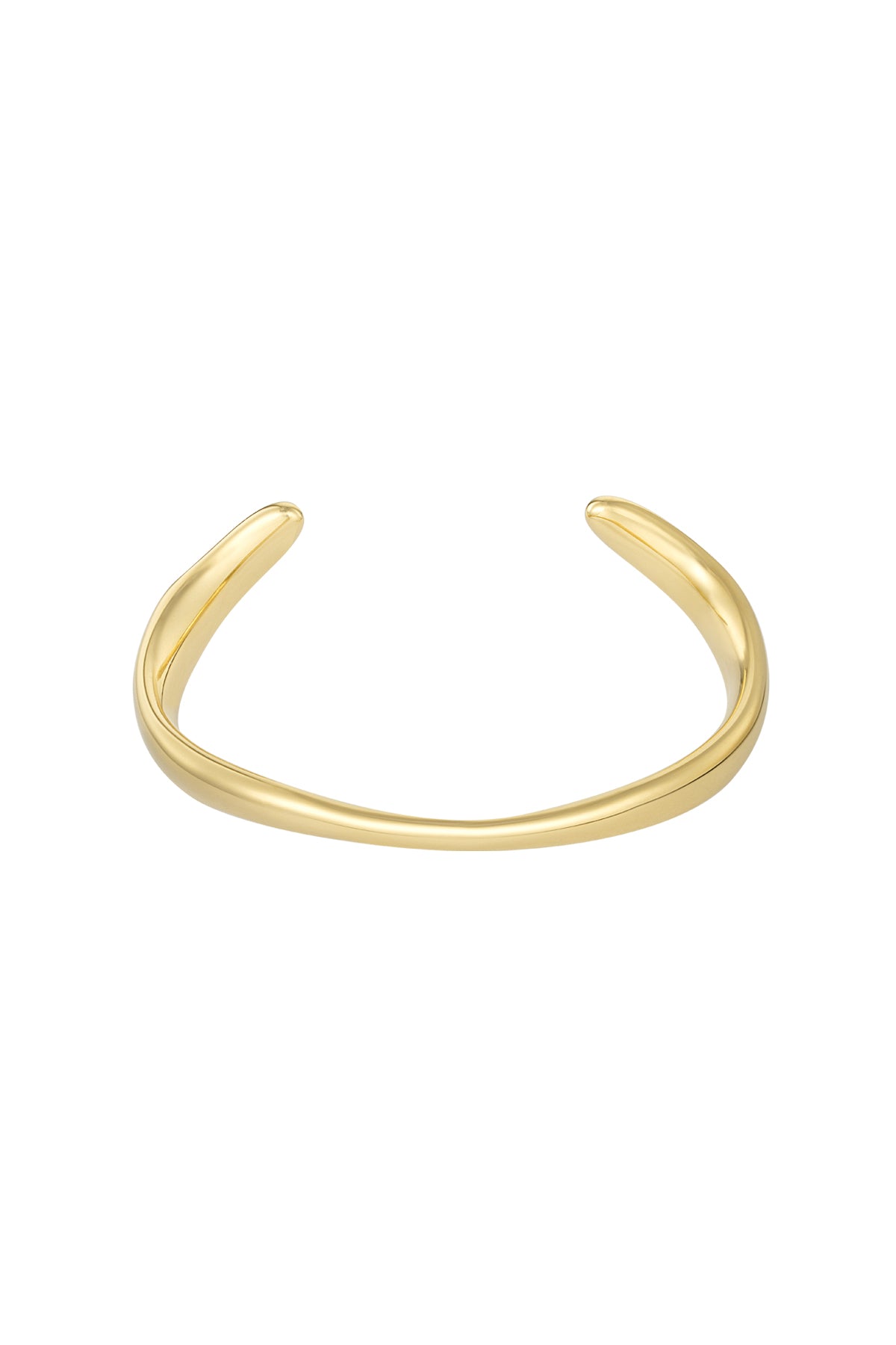 Gold minimalist open cuff bracelet with smooth rounded edges isolated on white background