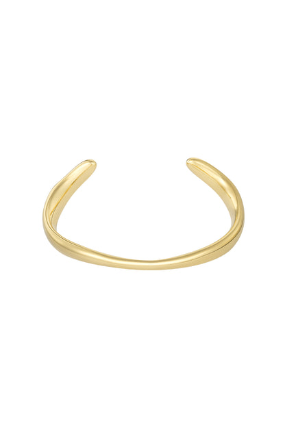 Gold minimalist open cuff bracelet with smooth rounded edges isolated on white background