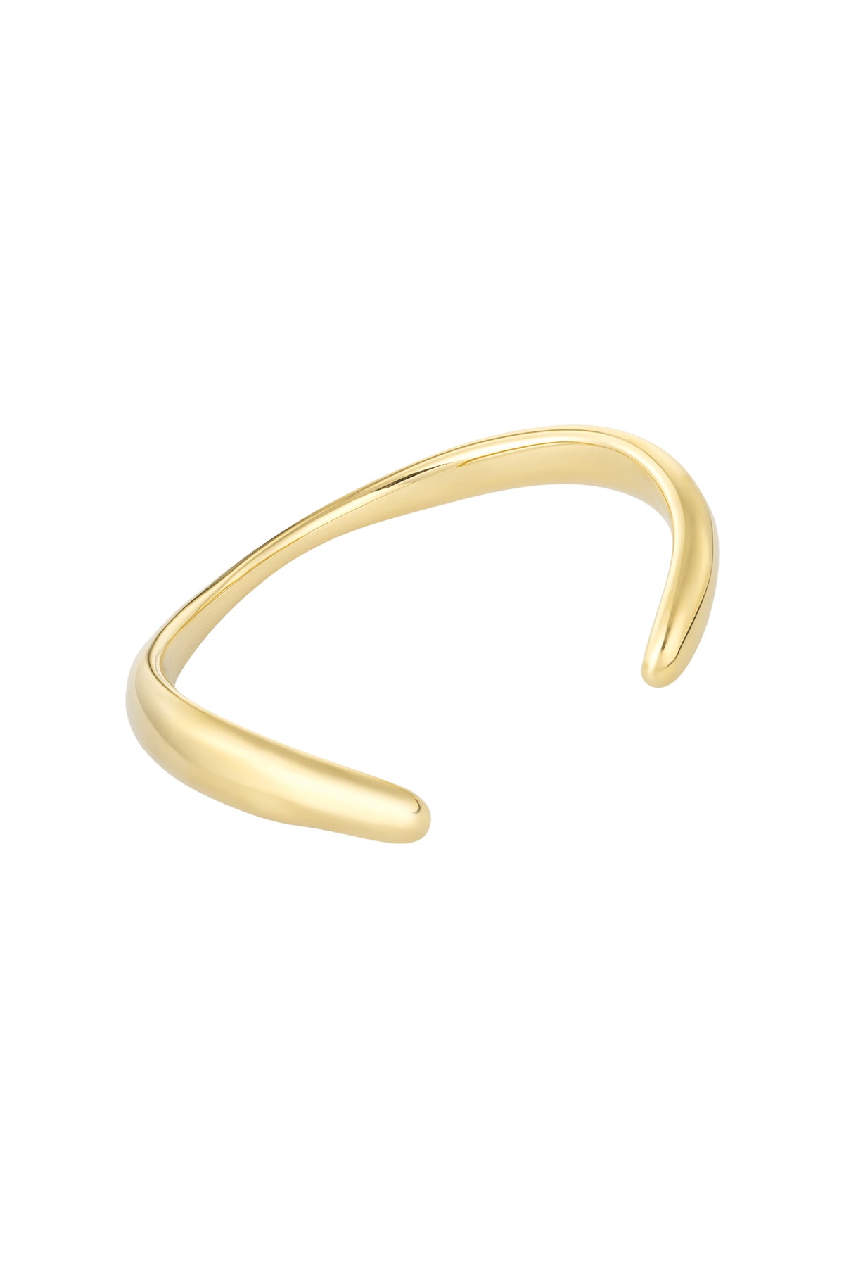 Angled view of gold open-ended cuff bracelet highlighting its polished surface and minimal shape