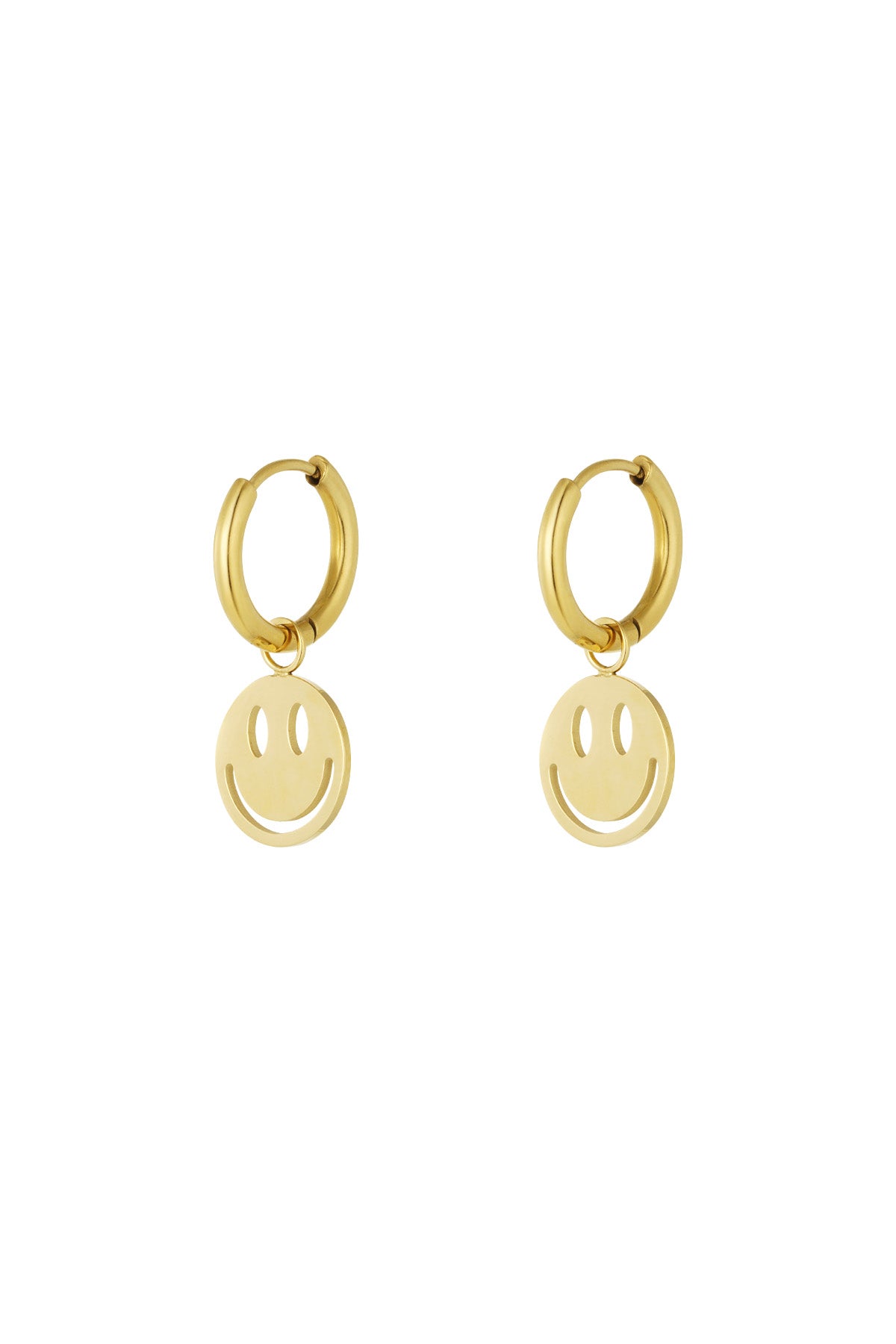 Pair of gold-tone hoop earrings each with a dangling smiley face charm against a white background