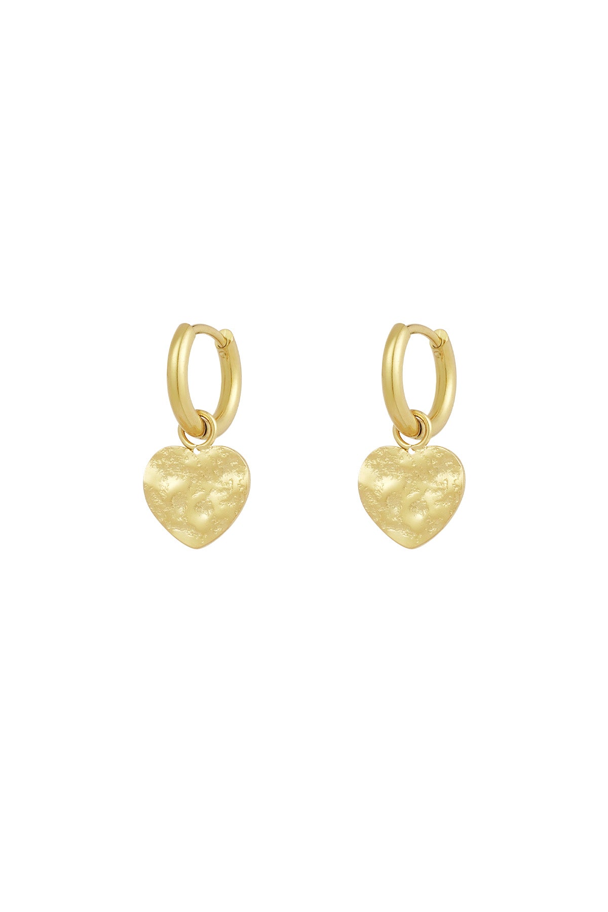 Gold textured heart hoop earrings on white background