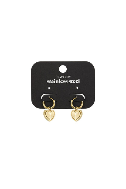 Gold hoop heart charm earrings displayed on black packaging card labelled stainless steel