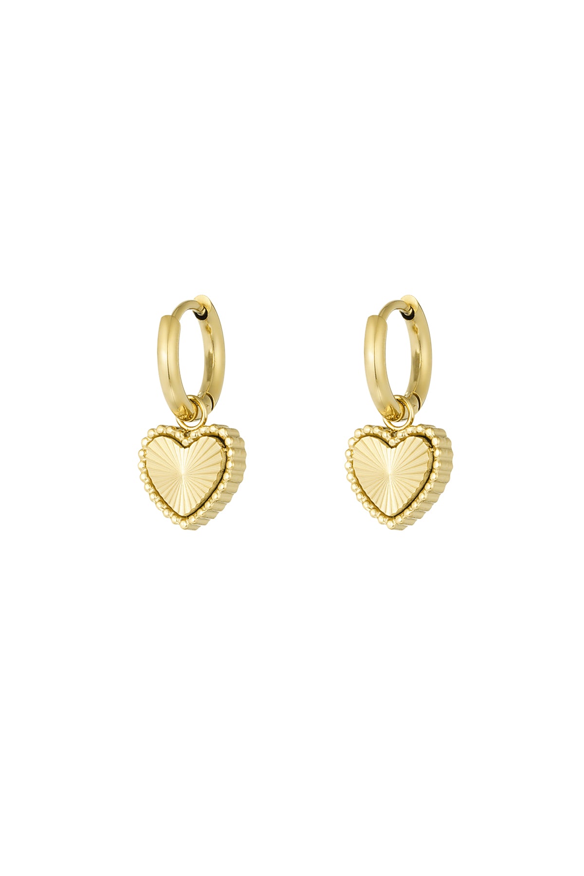 Pair of gold-tone stainless steel hoop earrings with textured heart-shaped charms on a white background