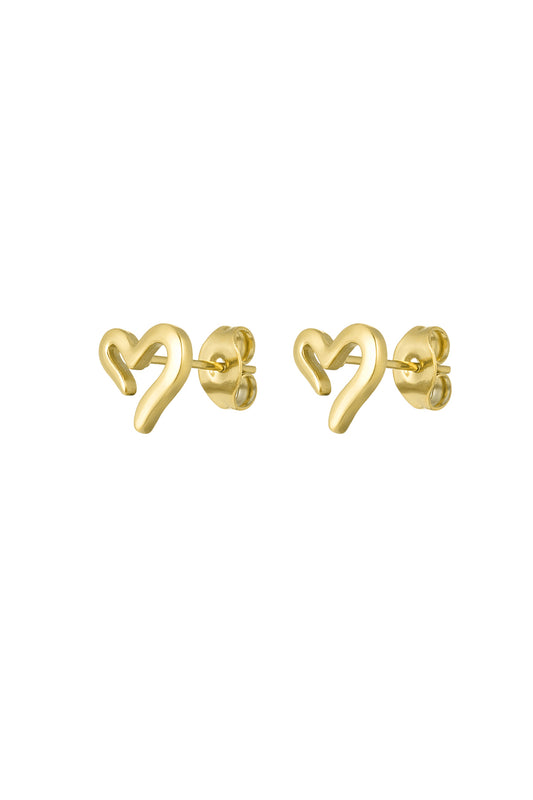 Pair of gold-tone minimalist open heart stud earrings with butterfly backings on white background